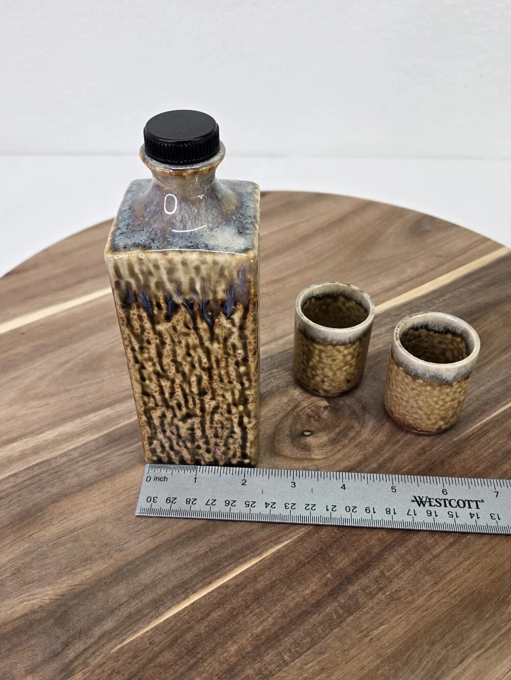 Vintage Japanese Stoneware Sake Drink Set Pottery Brown Lava Drip Glaze Set